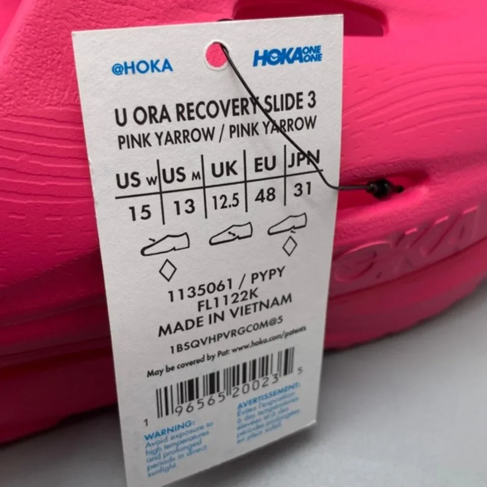 Hoka One Ora Pink Running Recovery Slide 3 Sandals Men’s Sz 13 Women's Sz 15 NWT